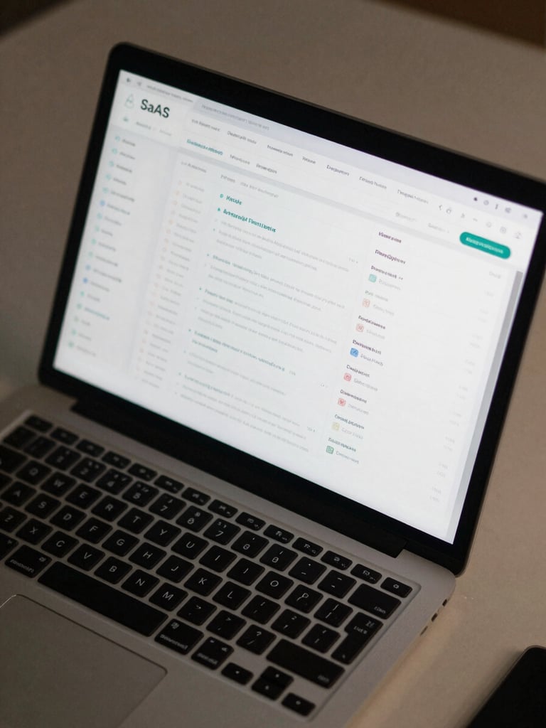 Close overhead shot of a laptop screen displaying a clean SaaS dashboard interface, dark UI with data metrics visible, desk surface partially in frame, neutral studio light, no people