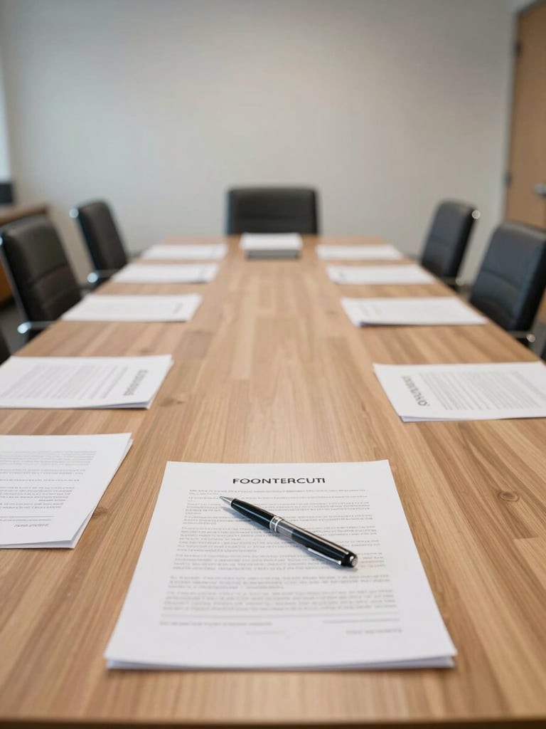 Wide-angle view of a quiet corporate meeting room, long table with organized documents and a single pen resting on a contract page, diffused north-facing artificial light, no people, clean and calm institutional atmosphere