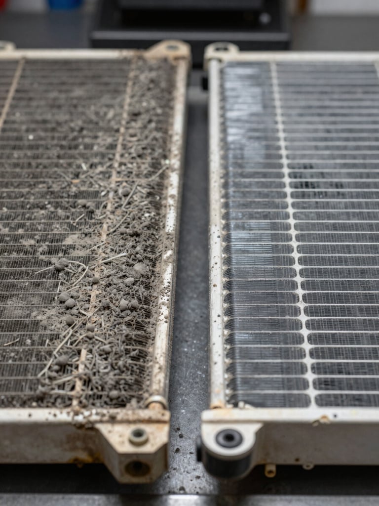 Side-by-side close-up of two AC evaporator coil fin sections on a workbench under studio lighting — left coil heavily fouled with grey dust and debris, right coil gleaming clean after chemical wash, sharp focus on the fin detail