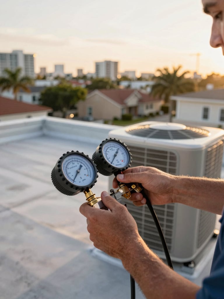 Technician's hands holding a digital pressure gauge connected to an AC unit's service ports on a residential rooftop, late afternoon golden-hour light, Miami suburban rooftops visible in soft focus background