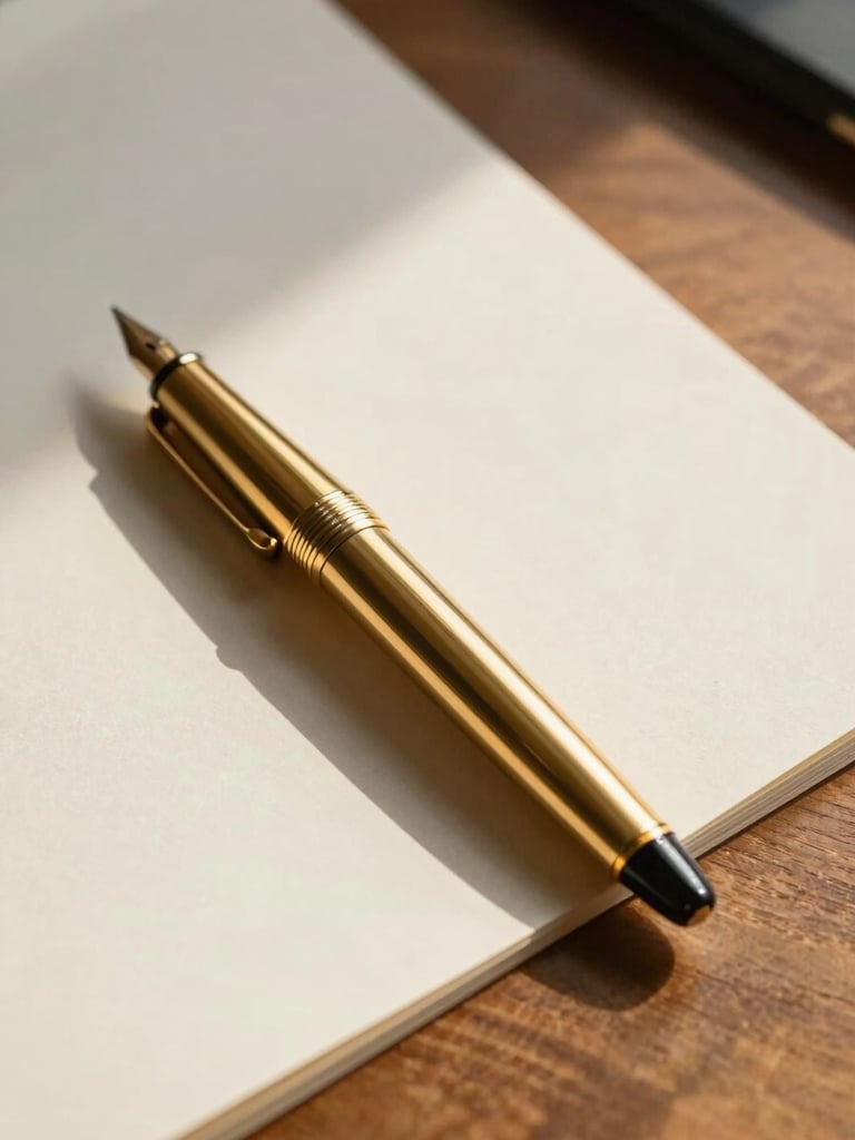 Close-up of a high-quality gold fountain pen resting on thick, textured ivory paper, soft natural morning light casting elegant long shadows across a clean wooden desk.