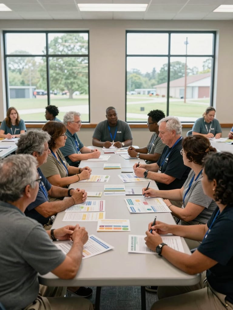 Wide environmental shot of a community center meeting room, volunteers and participants seated around folding tables covered in printed health resource handouts, natural daylight through tall windows, diverse group of adults engaged in a workshop discussion, hands gesturing over materials