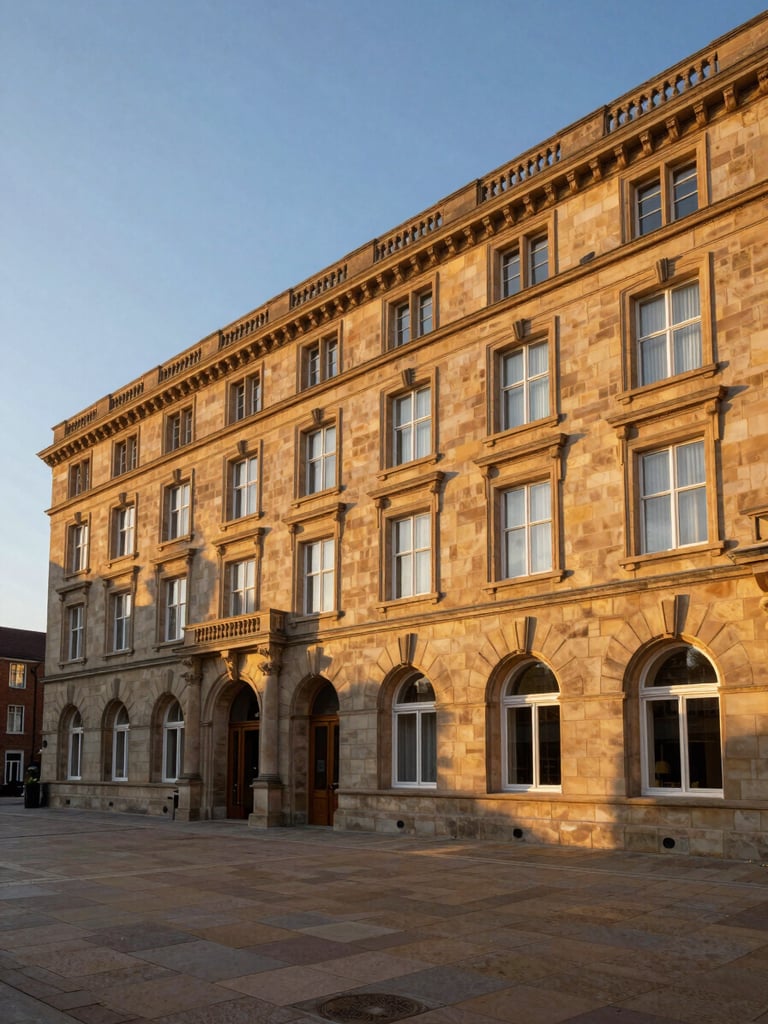 Wide establishing shot of a heritage hotel exterior façade at golden hour, warm light catching stone masonry and arched windows, a quiet courtyard entrance visible to the left, no people, architectural framing with generous sky above