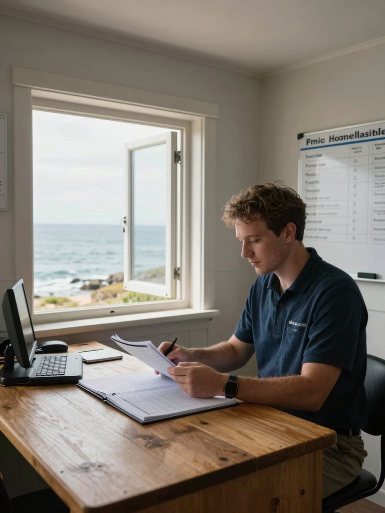 Wide shot of a small coastal inn's operations room — a property manager reviewing booking ledgers at a wooden desk near an open window, natural sea light filling the room, a whiteboard with room assignments visible on the wall behind