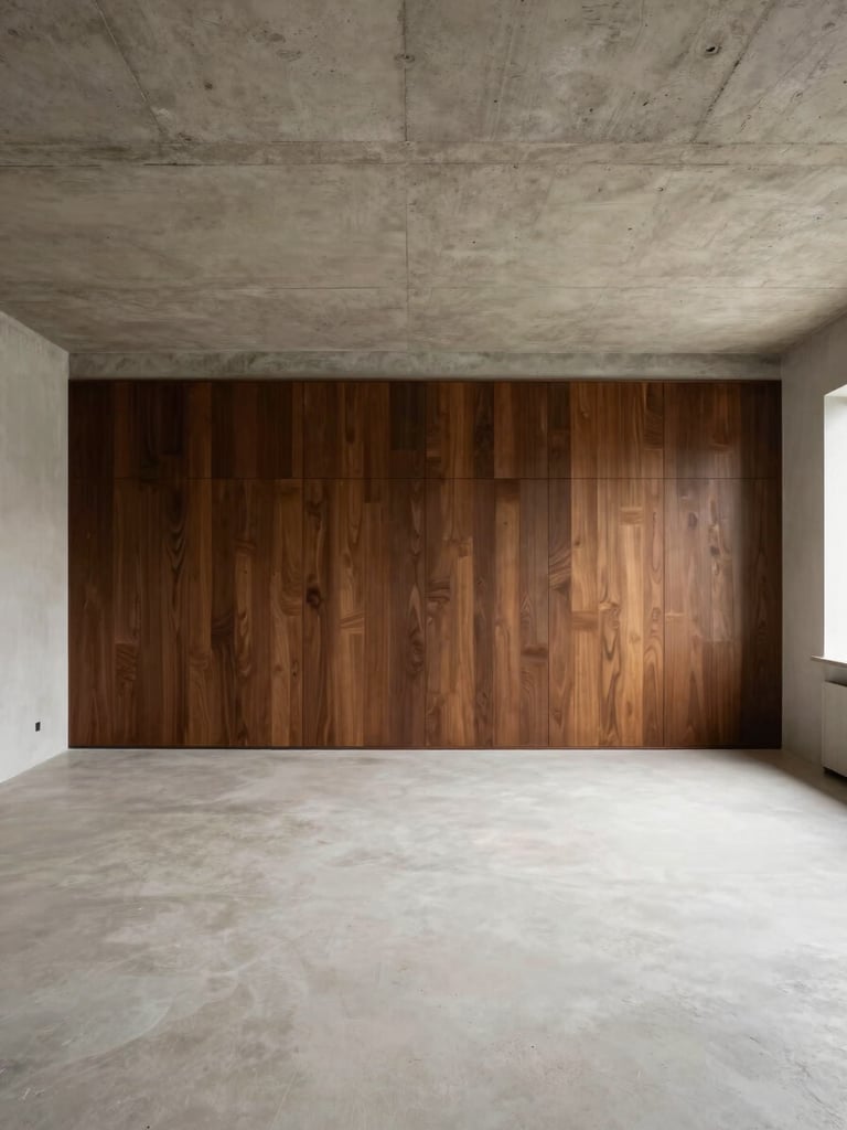Wide interior shot of an empty minimalist apartment room under north-facing daylight, exposed concrete ceiling with visible formwork marks, a single wall of dark wood joinery panels running floor to ceiling, pale off-white concrete floor, no furniture, architectural stillness