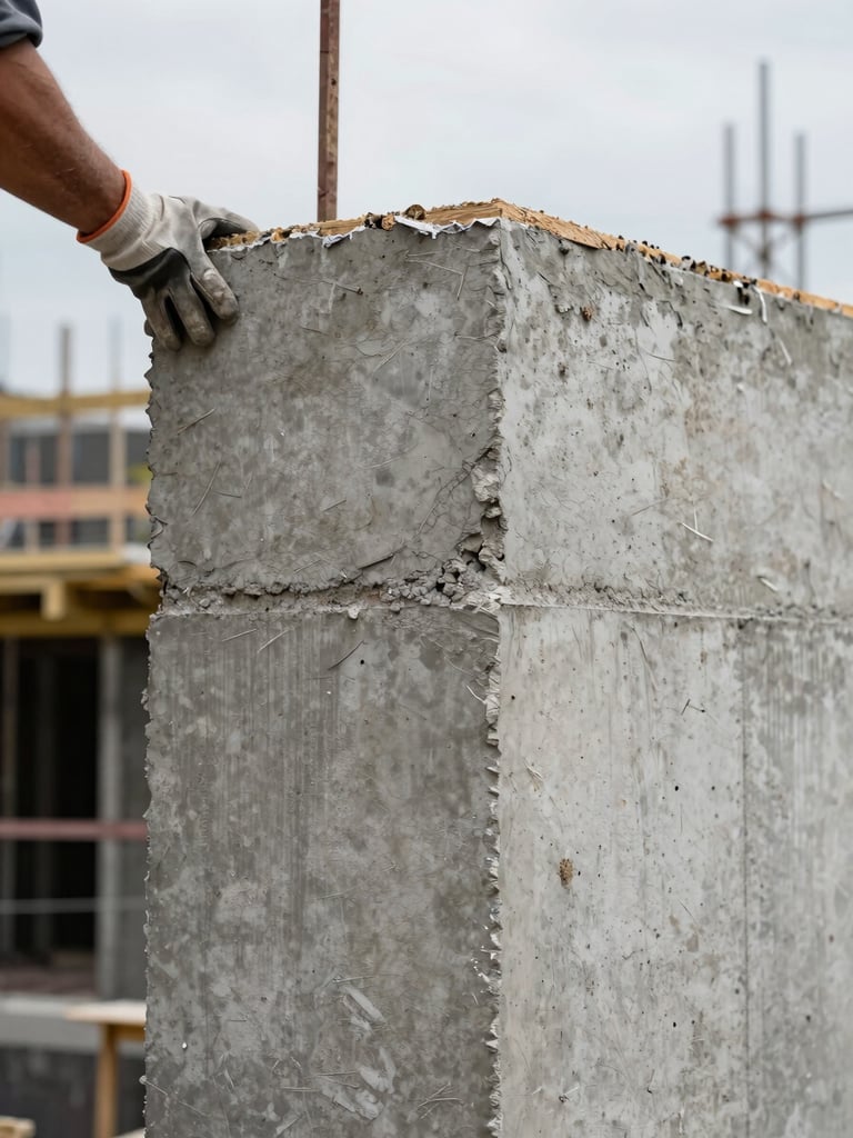 Close-up of a construction site detail on a high-end residential project — a concrete wall form being stripped to reveal raw texture, a worker's gloved hand at the edge, overcast natural light, no staging or decoration, documentary framing