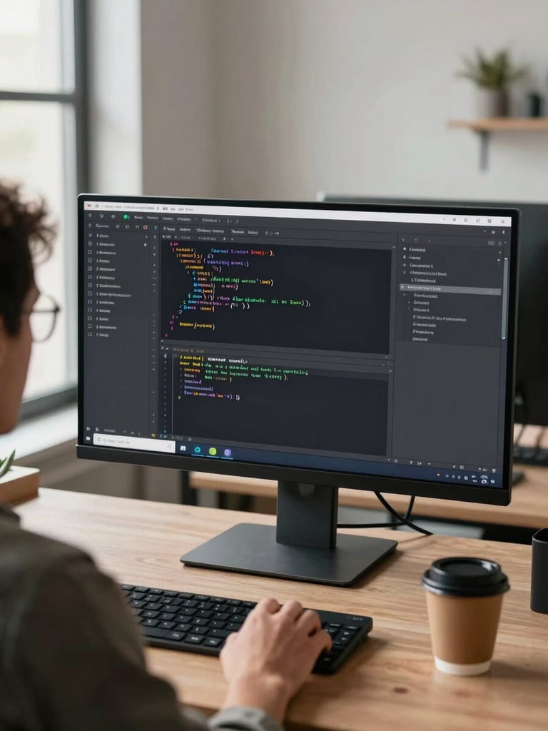 Over-shoulder view of a developer at a wide monitor, neutral office daylight from a window to the left, code editor filling the screen with real syntax highlighting visible, coffee cup at desk edge