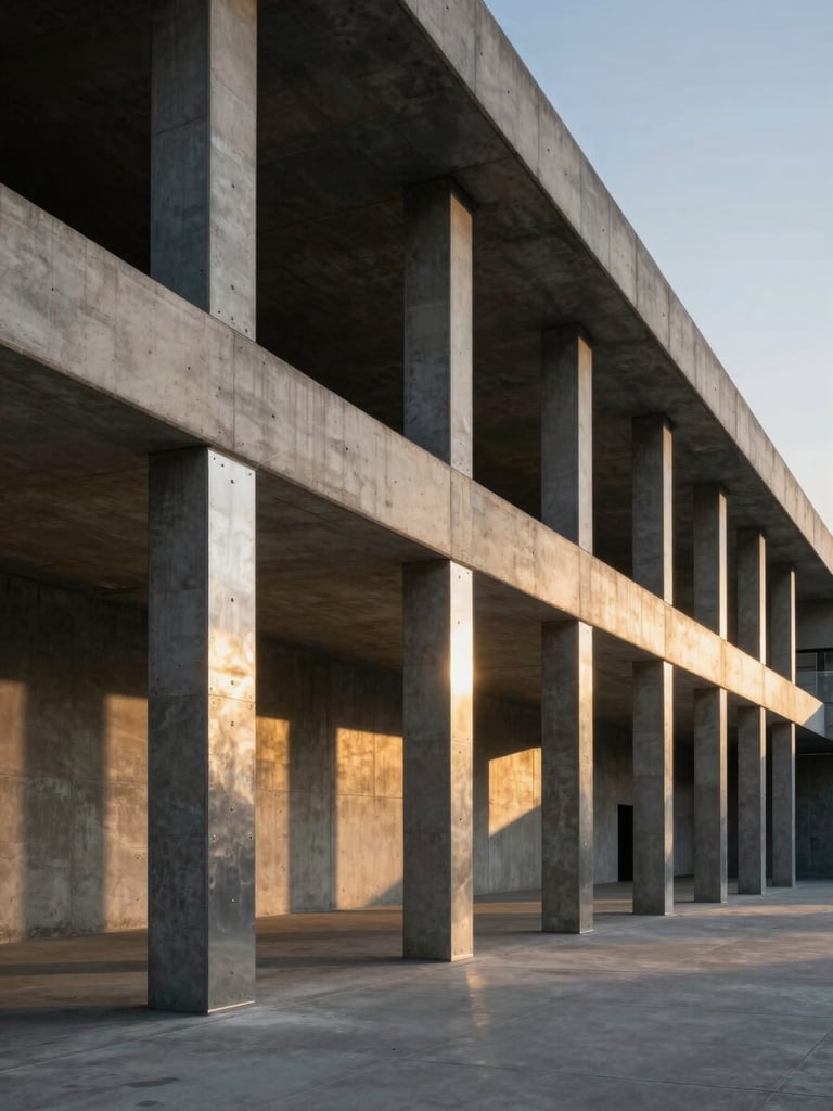 Dramatic low-key architectural shot of a modern concrete and steel foundation, golden hour light reflecting on metal joints, clean lines, negative space.