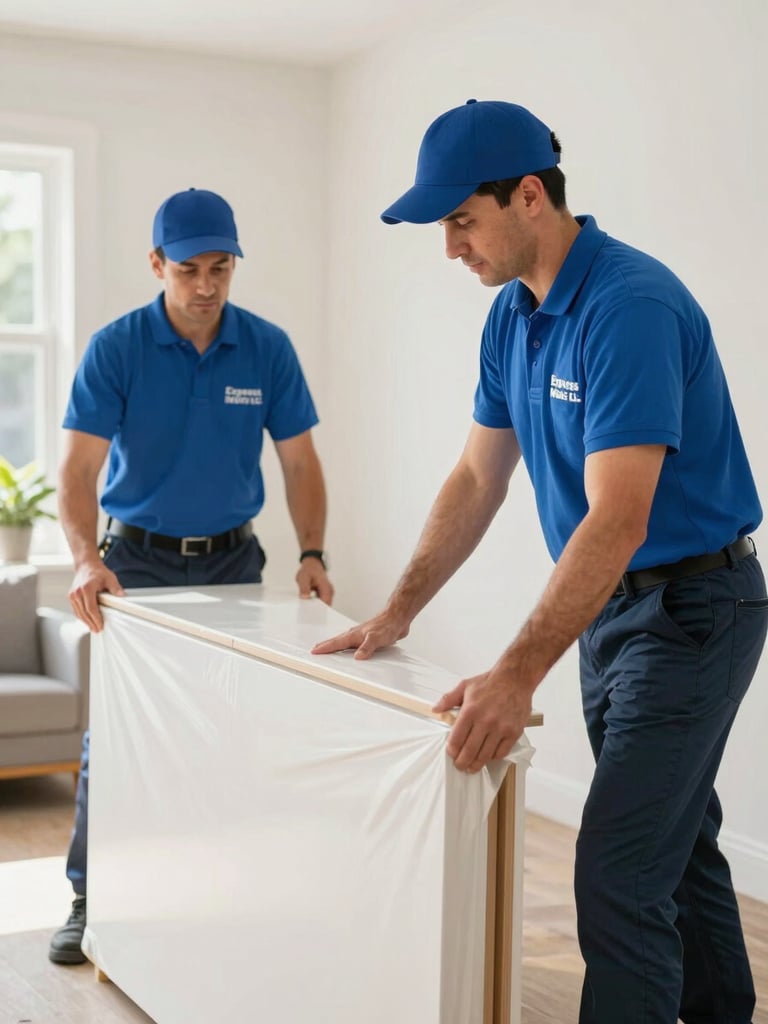 Professional Express Move LLC movers carefully wrapping a large piece of furniture in a residential setting, bright clean lighting, focus on careful handling, sharp focus.