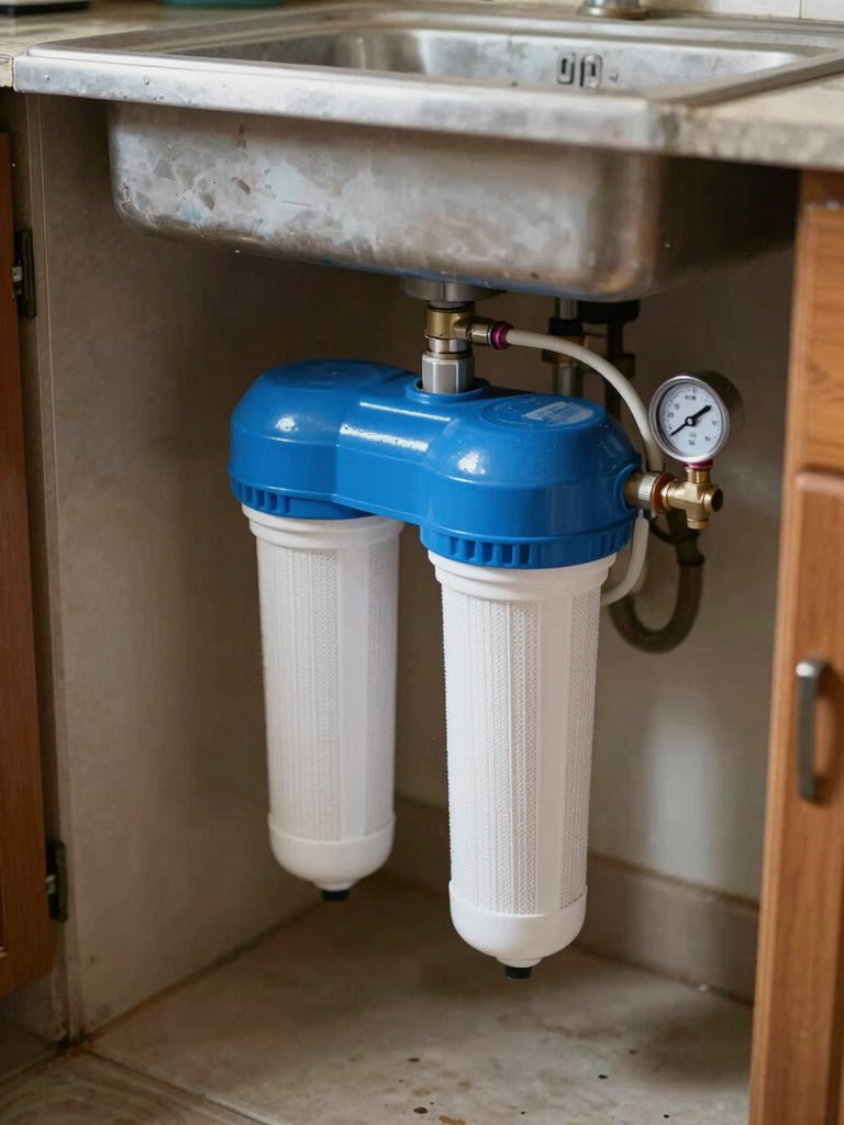 Close environmental shot of a compact RO purifier unit mounted under a kitchen sink in a Rajasthan home, natural north-facing daylight illuminating the blue filter housings and white tubing, pressure gauge visible on the right side, no people in frame, slightly overhead angle showing the full installation footprint