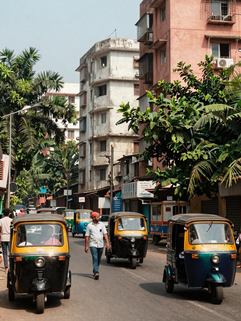 Street-level view of a busy residential block in Banjara Hills, Hyderabad—mid-rise apartment buildings lining a tree-shaded road, auto-rickshaws and pedestrians in natural daylight, authentic neighborhood texture