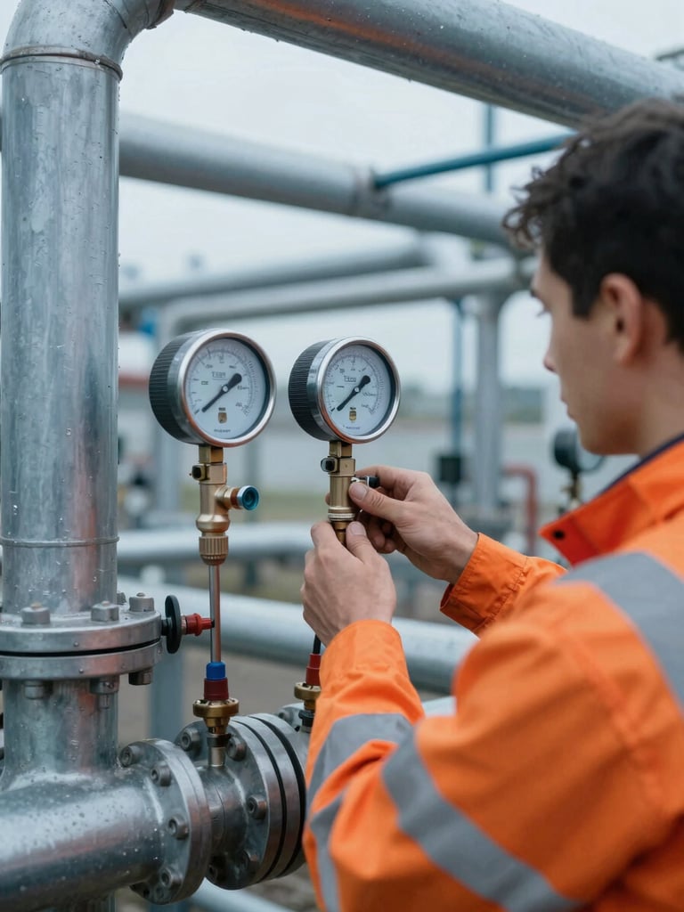 Crisp daylight shot of a technician in high-visibility gear adjusting a digital flow meter on a pipeline manifold, desaturated steel blues, high-contrast orange accents, sharp focus.