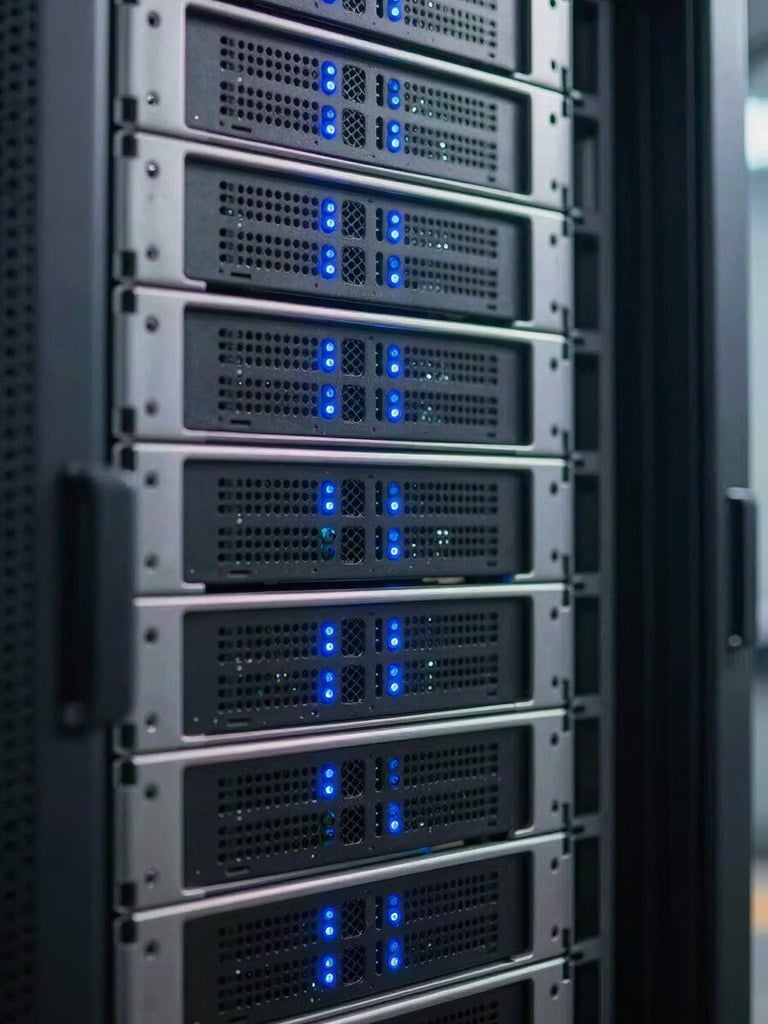 Close-up of a high-density server rack, crisp blue indicator lights, clean metallic lines, shallow depth of field.