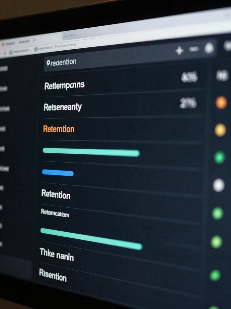 Extreme close-up of a clean data dashboard interface showing retention metrics, cool daylight, high contrast.