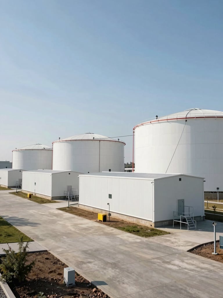 Wide environmental shot of a utility-scale battery energy storage facility under a crisp, bright daylight sky, clean concrete pads and white enclosures.
