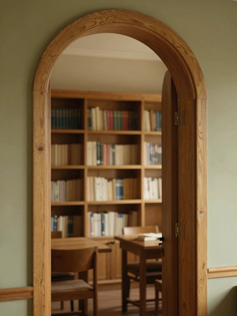Detail of a carved wooden archway in a traditional study hall, warm morning light, serene atmosphere, no people.