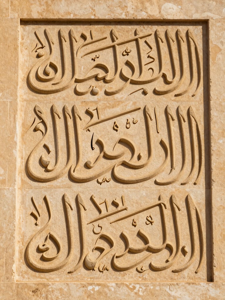 Elegant close-up of classical Arabic calligraphy carved in warm-toned stone, soft side lighting, focusing on geometric symmetry, no people.