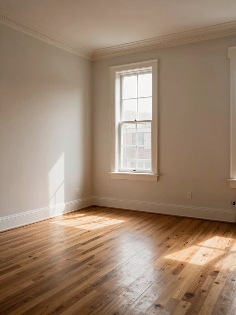 Wide environmental shot from the threshold of a high-ceilinged DC rowhouse living room, full floor-to-ceiling framing, afternoon north light raking across original hardwood floors, crown molding detail in upper corner, empty room with one tall sash window, warm neutral walls, no people, no staging