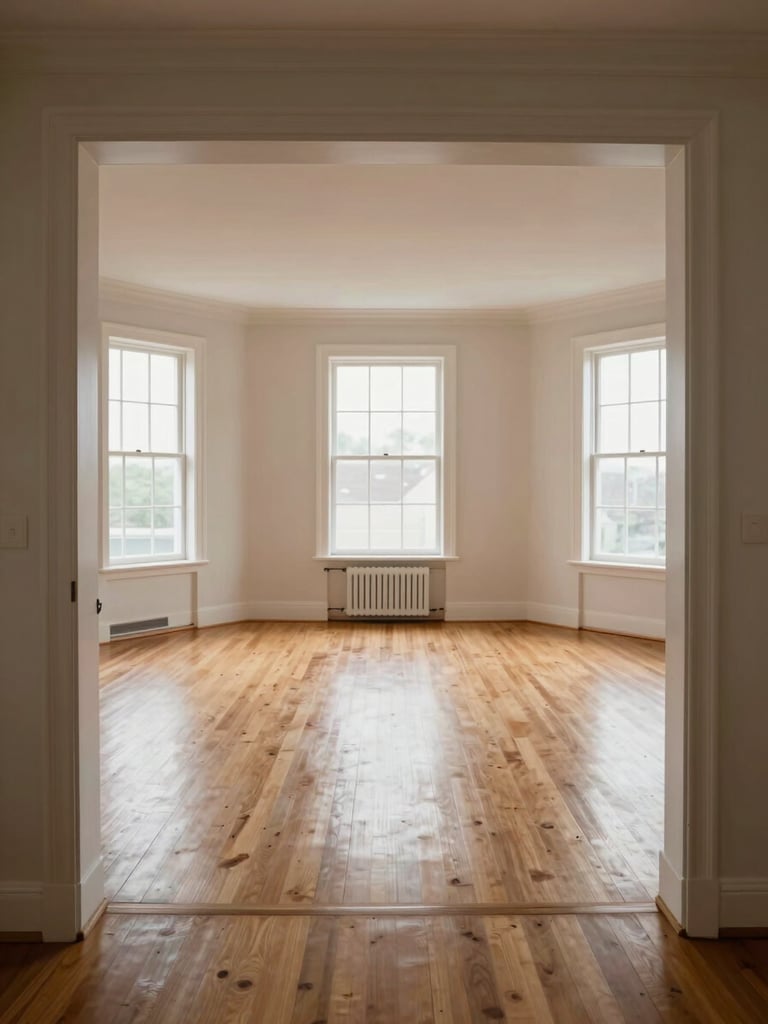 Wide environmental shot from doorway to far wall of an empty bright living room, natural north-facing daylight flooding through tall windows, hardwood floor running full width, clean white trim and crown molding visible, warm tones in the wood grain, no furniture except a single radiator under the window, high angle showing full ceiling to floor depth