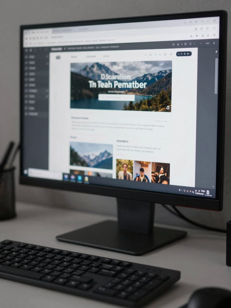 Close-up of a monitor showing a web layout in progress on a neutral desk, keyboard in foreground, work-in-progress browser window visible, cool overcast studio light, sharp focus on screen content
