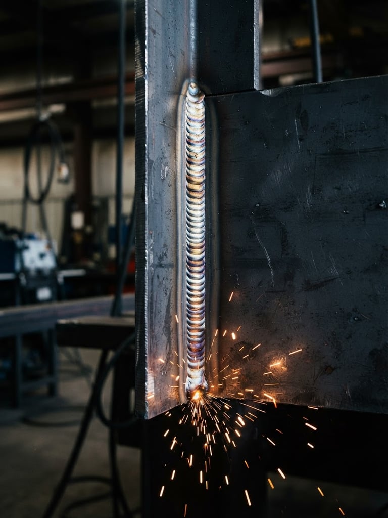 Industrial film photography, close-up of clean TIG weld beads on structural steel, dramatic side-lighting, cool steel tones with warm orange sparks, sharp focus, 35mm