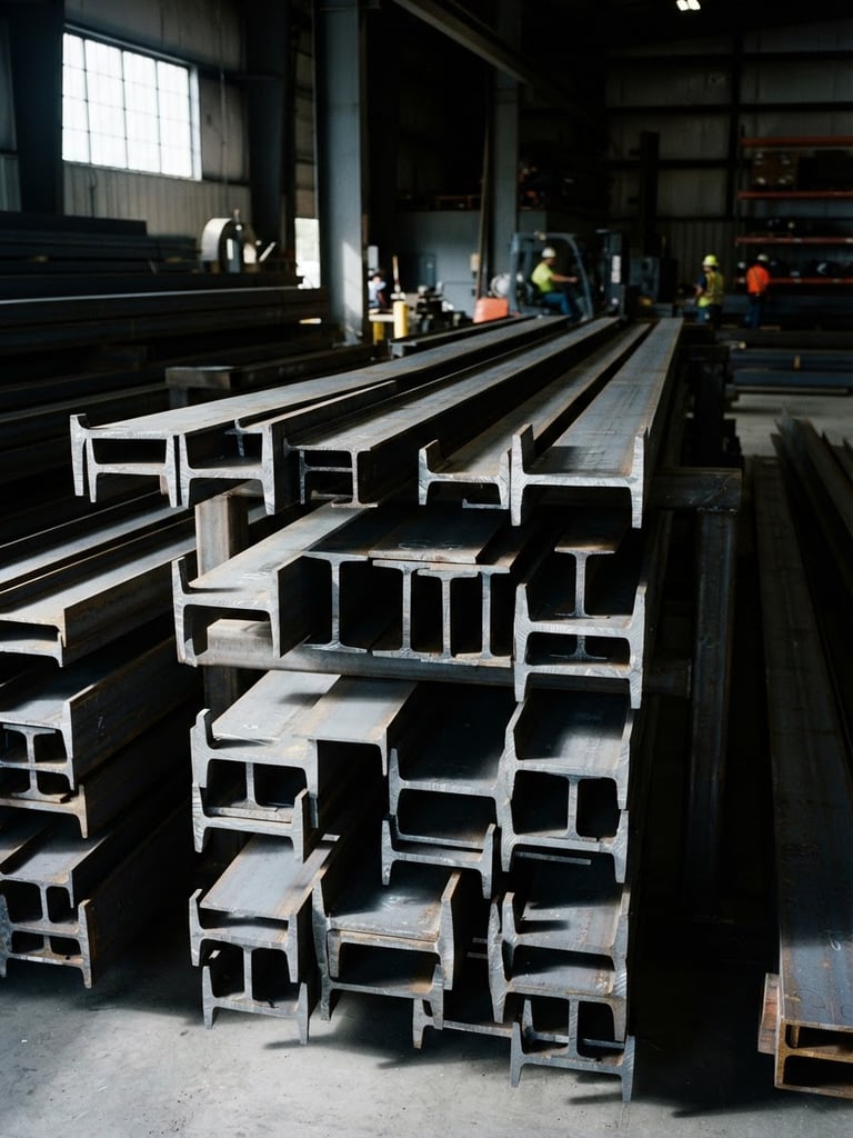 Industrial film photography of raw structural steel beams stacked in a clean Clearwater warehouse, dramatic high-contrast side-lighting, cool steel tones, sharp focus, 35mm.