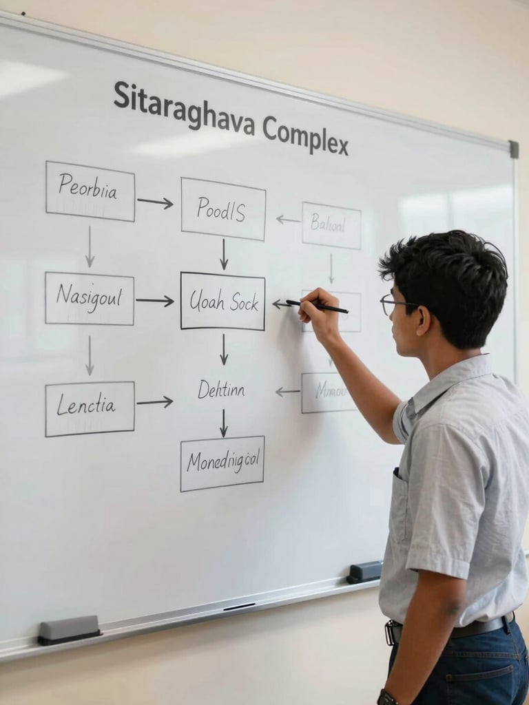 A student in a bright classroom at Sitaraghava Complex drawing a clean, logical mind map on a physical whiteboard, daylight, medium shot.