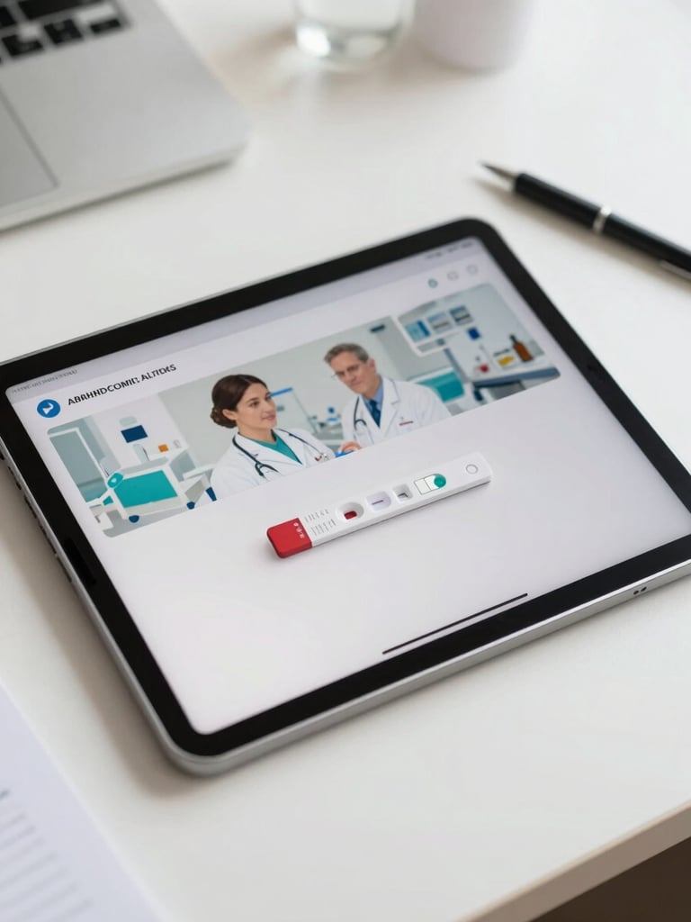 Flat-lay close-up of a digital tablet displaying a clean medical testing interface with a clinical scenario, soft natural daylight, minimalist study environment