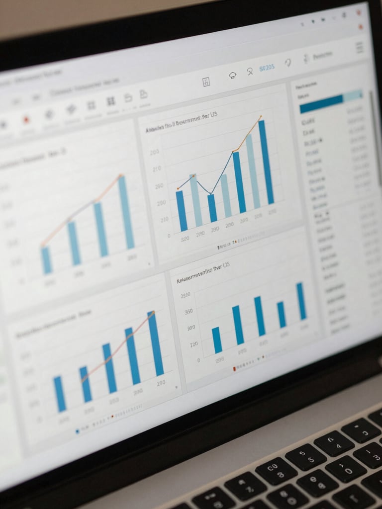Macro shot of a laptop screen showing clean data visualization charts and performance analytics, bright clinical white light