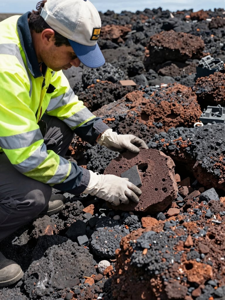 A professional hydrologist in high-visibility safety gear examining a volcanic basalt core sample in bright Hawaiian daylight, close-up, sharp focus.