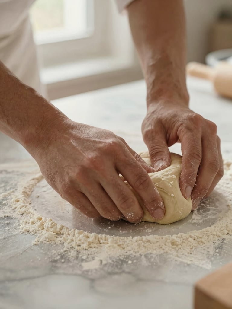 Close-up of baker hands shaping a wet, hydrated gluten-free dough on a flour-dusted marble counter, soft morning window light, warm earthy tones.
