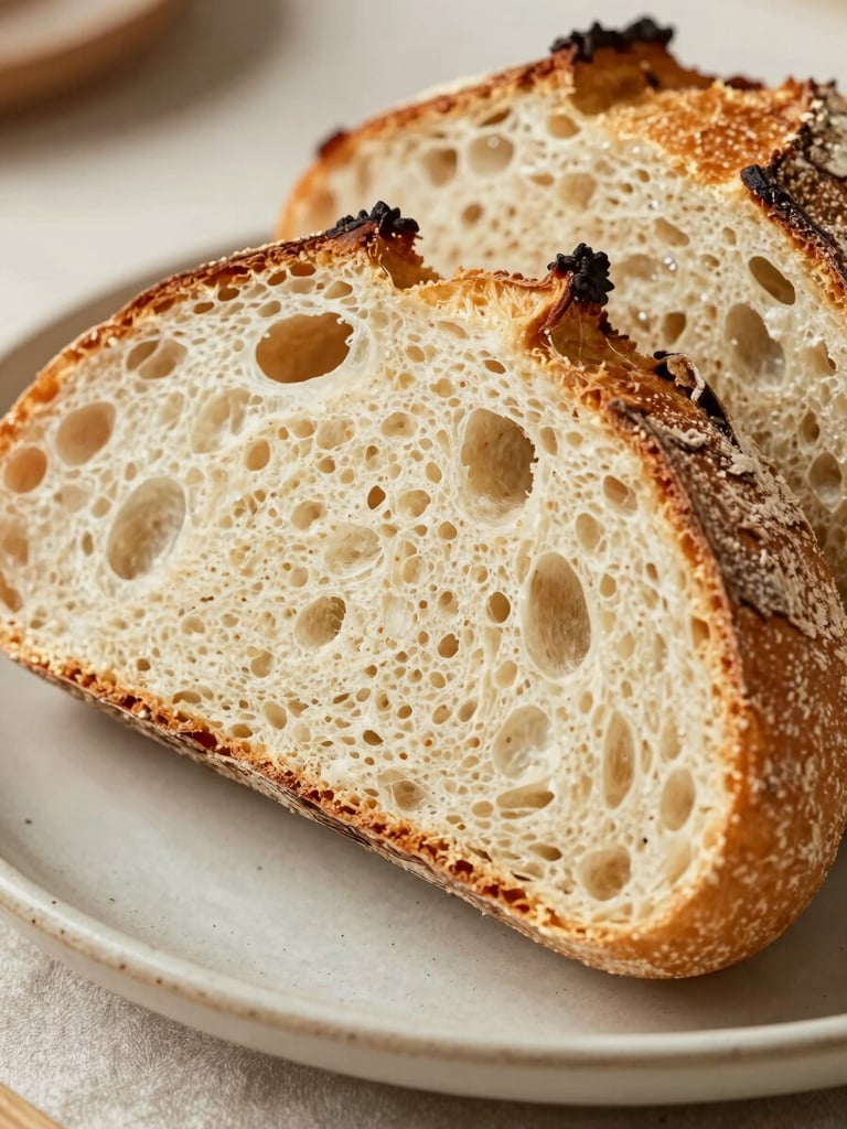 Macro shot of a freshly sliced gluten-free sourdough boule, showing a highly hydrated, airy crumb structure with perfect alvéolos, warm golden crust, shot on rustic ceramic plate, natural side light, 35mm