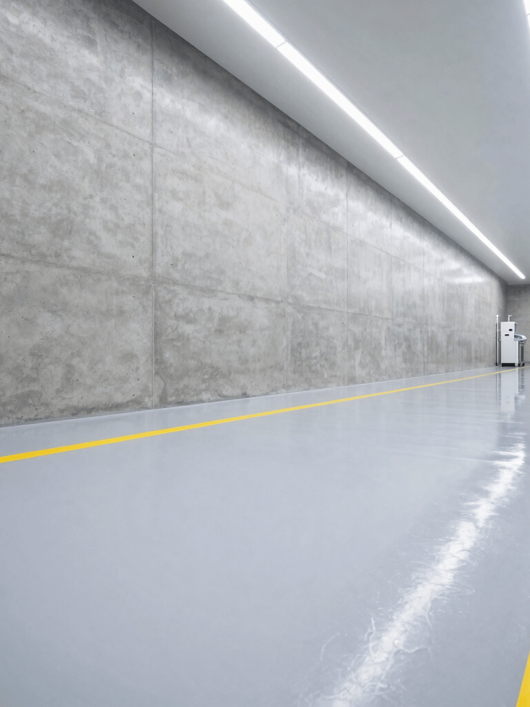 Close-up of industrial mechanical surface preparation, a shot blasting machine operating on a concrete floor, bright clinical fluorescent lighting.