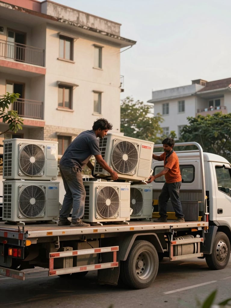 Wide environmental shot of two workers loading a disassembled window AC unit onto a flatbed truck parked outside a Noida residential building, golden late-afternoon light, stacked units visible in the truck bed