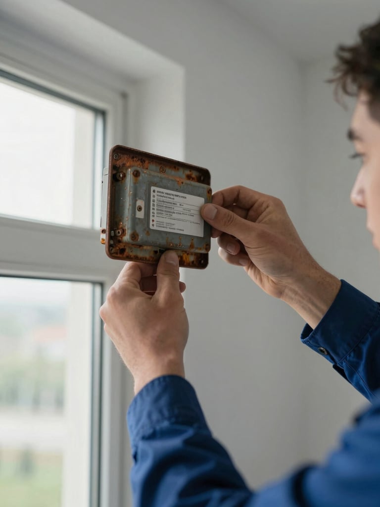 Close-up, natural indoor daylight from a window, a technician's hands gripping a corroded wall-mounted AC unit bracket, rust and dust visible on the unit casing, white-painted wall in the background, shallow depth of field on the hands and unit label