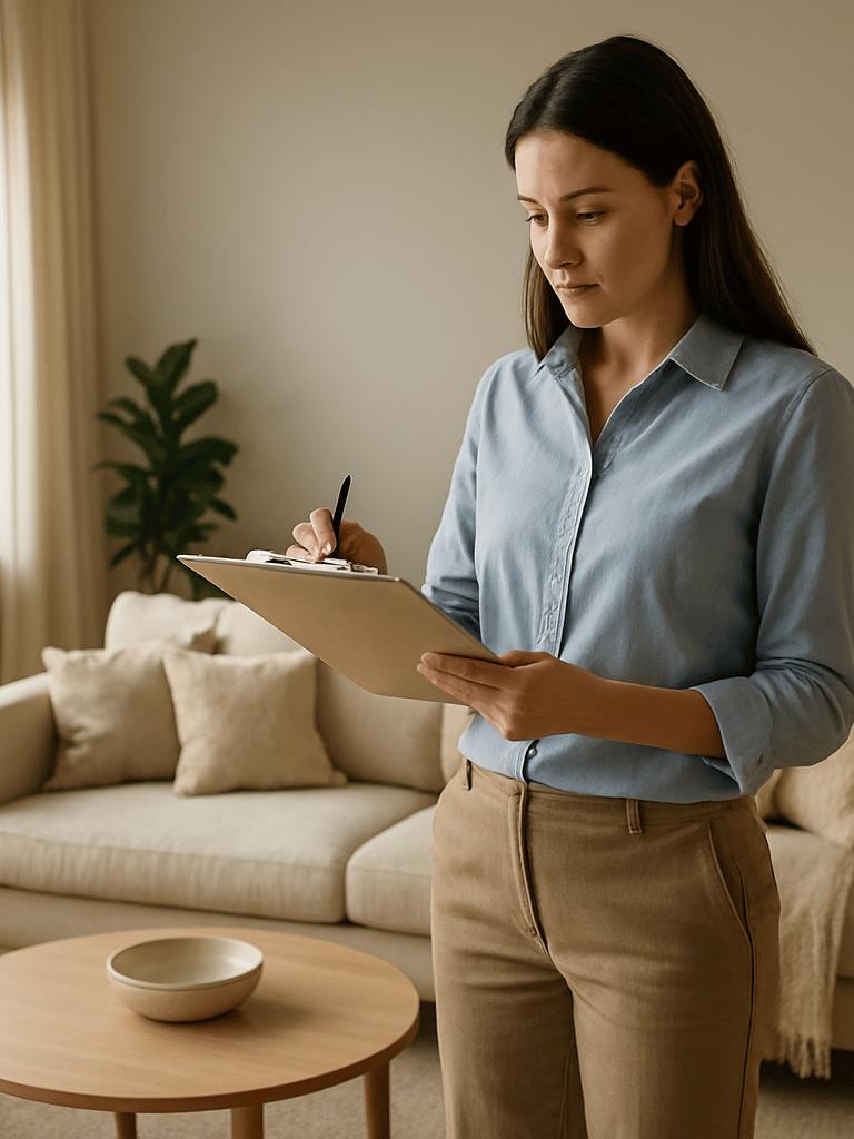 Wide environmental shot of a bright apartment living room, a property manager in casual professional attire standing near a window reviewing a checklist, natural daylight flooding from the left, warm neutrals throughout, cushions and linens arranged with care in the background, documentary framing