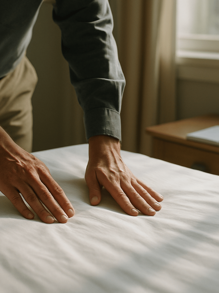 Close-up of a property manager's hands smoothing fresh white linen on a bed near a sunlit window, natural morning light casting soft shadows across the fabric, a small notepad and pen resting on the nightstand beside the bed suggesting a quality inspection in progress
