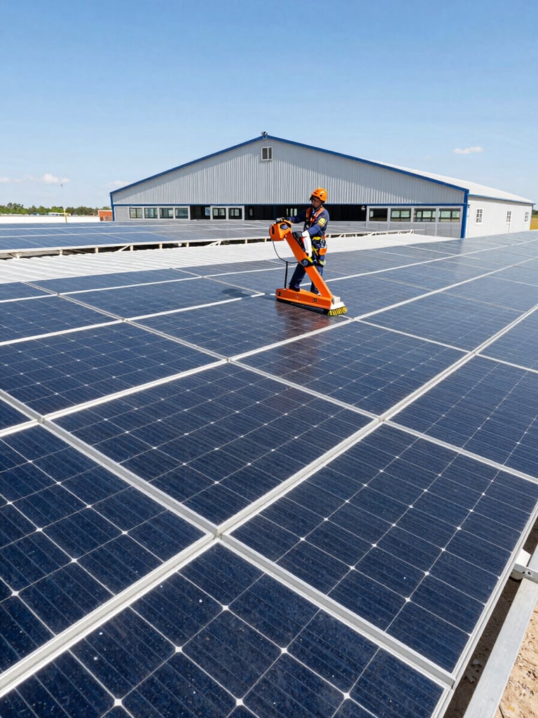 Crisp industrial photography, wide shot of a massive agricultural hangar roof covered in solar panels, a technician wearing a safety harness using a soft-brush cleaning system under bright direct sunlight.
