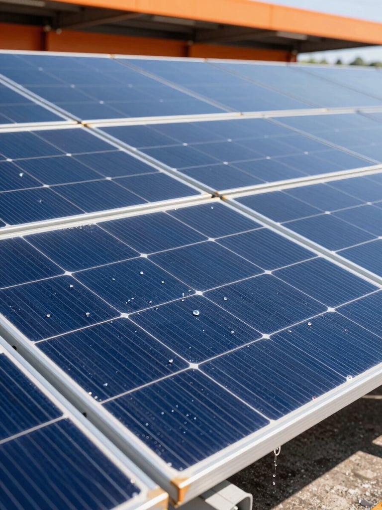 Crisp industrial photography, close-up of water droplets sheeting off perfectly clean blue-black silicon solar cells on a parking canopy, bright direct sunlight, vibrant orange accent.