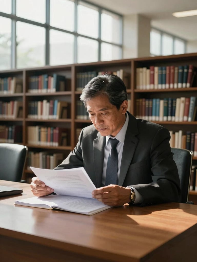Medium shot of Fritz Edward Siregar seated at a law library reading table, leaning forward over open legal documents, north-facing natural daylight from tall windows casting clean shadows, bookshelves receding behind him, journalistic framing