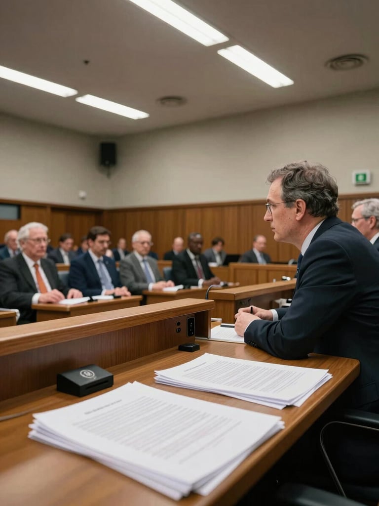 Wide environmental shot looking across a parliamentary hearing room from the side gallery — Fritz seated at the witness table, legal documents spread before him, ring-lit overhead institutional lighting, other officials visible in mid-ground, journalistic framing with shallow depth of field on the documents