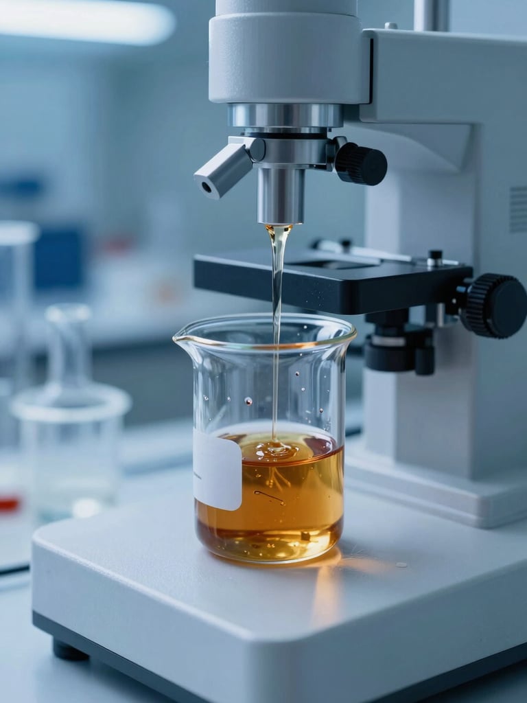 High-tech laboratory testing equipment, glass beaker with amber lubricant, cool blue lighting, precise scientific instruments, macro focus