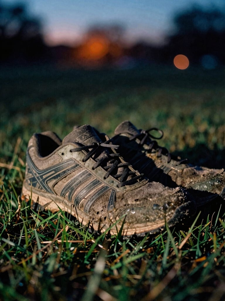 Gritty close-up of worn athletic shoes on wet grass at McKey Park, pre-dawn blue hour with a subtle warm orange sunrise flare in the background, dramatic shadows, 35mm film style.
