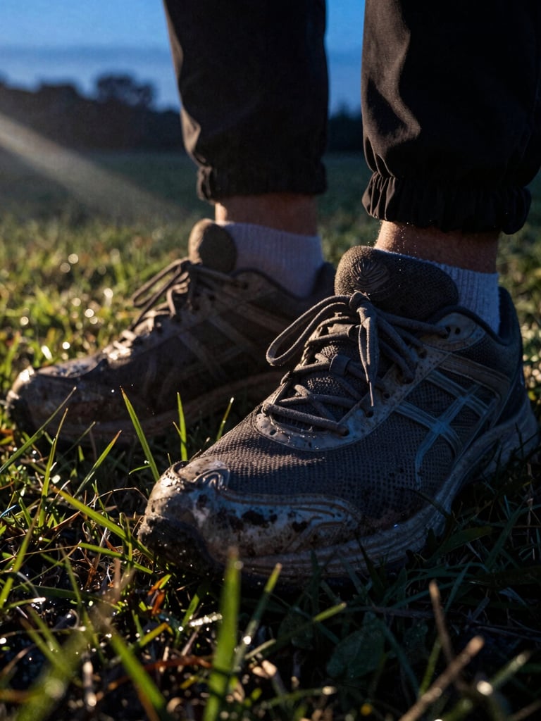 Gritty close-up of worn athletic shoes on wet grass in the pre-dawn blue hour, dramatic shadows, raw texture