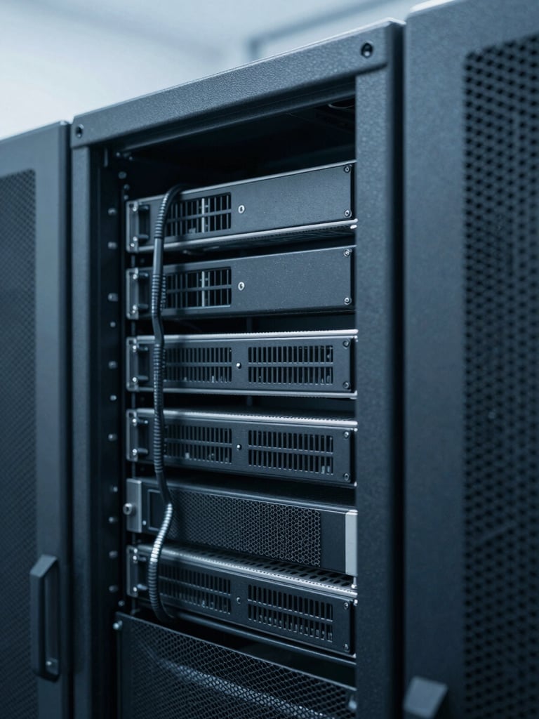Macro detail shot of a clean, modern server rack with cool diffused daylight, desaturated blue tones, sharp focus, architectural framing
