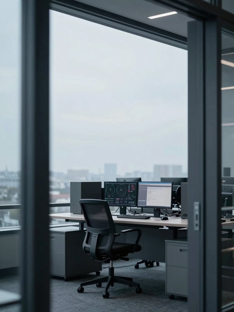 Clean architectural shot of a modern technical workspace in Lewiston, cool diffused daylight, desaturated blue and charcoal tones, sharp focus