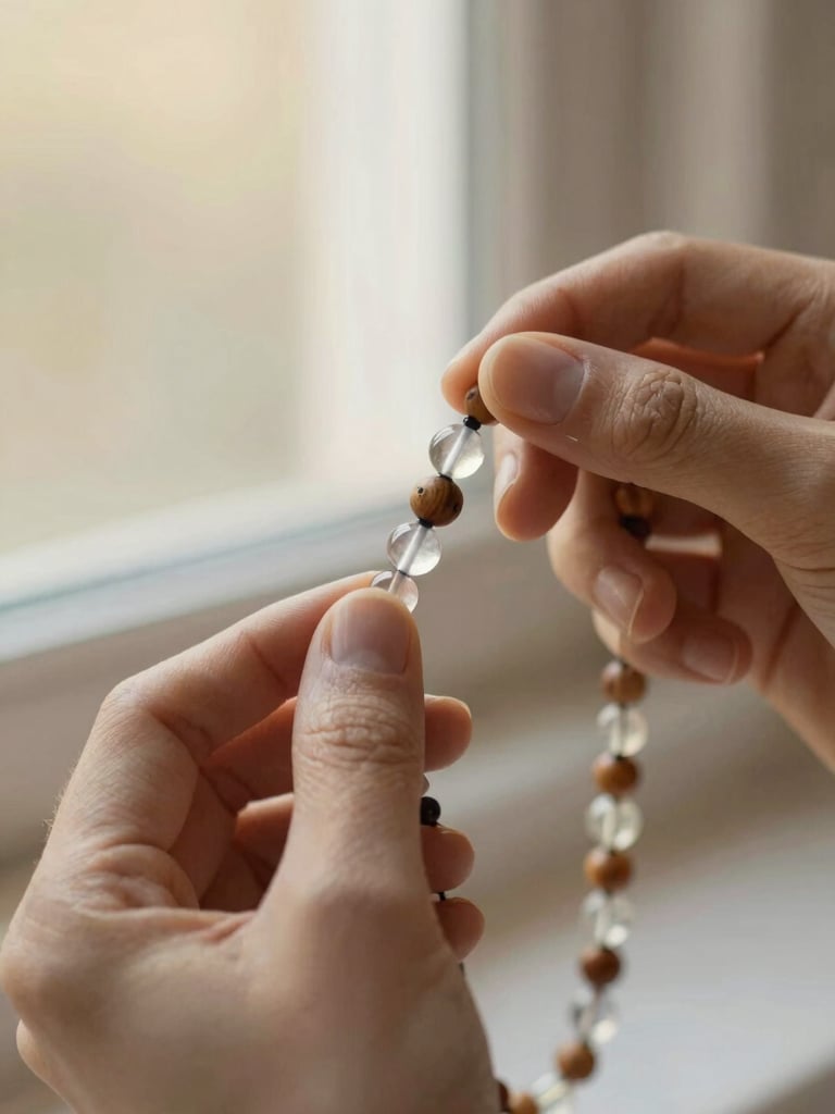 Close-up of hands threading premium crystal and wooden beads onto a delicate strand, warm natural window light, soft focus, 35mm