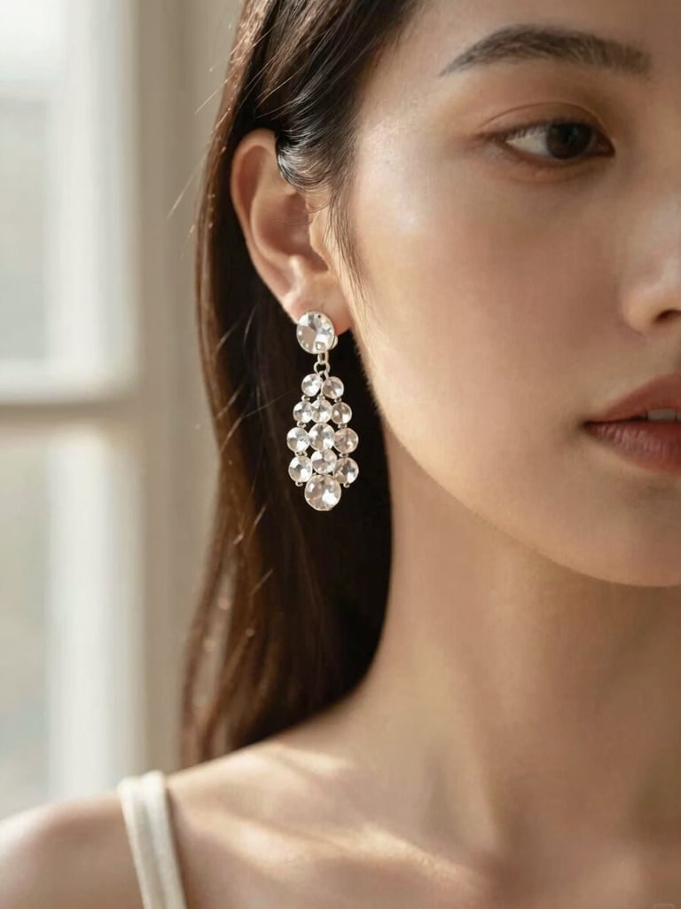 Close-up of elegant crystal beaded earrings catching warm natural window light, styled on a model with soft neutral makeup, shallow depth of field