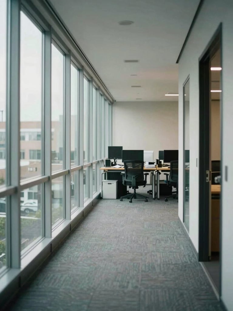 Wide environmental shot looking into an open-plan office from a corridor, natural daylight flooding through floor-to-ceiling windows on the left, a few desks visible in mid-distance with monitors and papers, no people in frame, overcast diffused light giving the space a quiet documentary tone