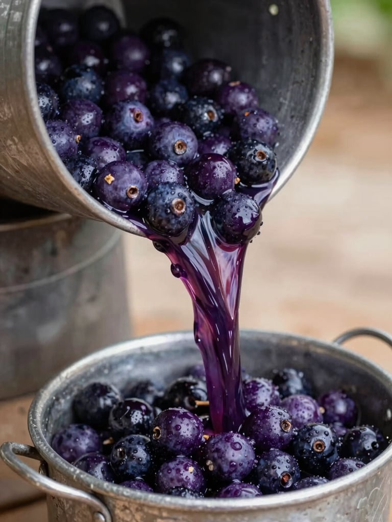 Close-up of thick, deep purple açaí being poured from a traditional metal beating machine into a classic local container, humid daylight of Belém, authentic texture.